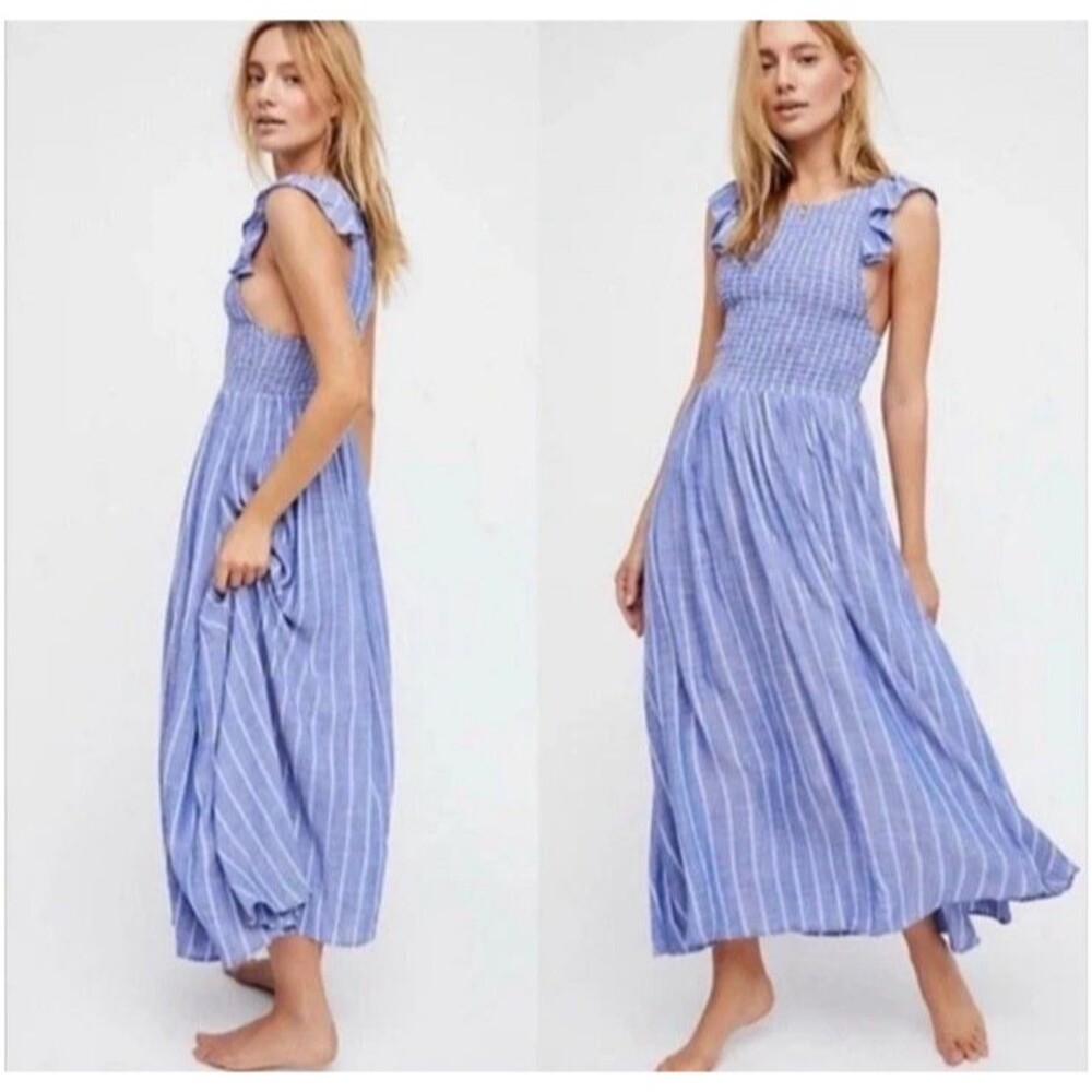 Free People Blue Chambray butterflies maxi dress Smocked Boho  Cottagcore Large